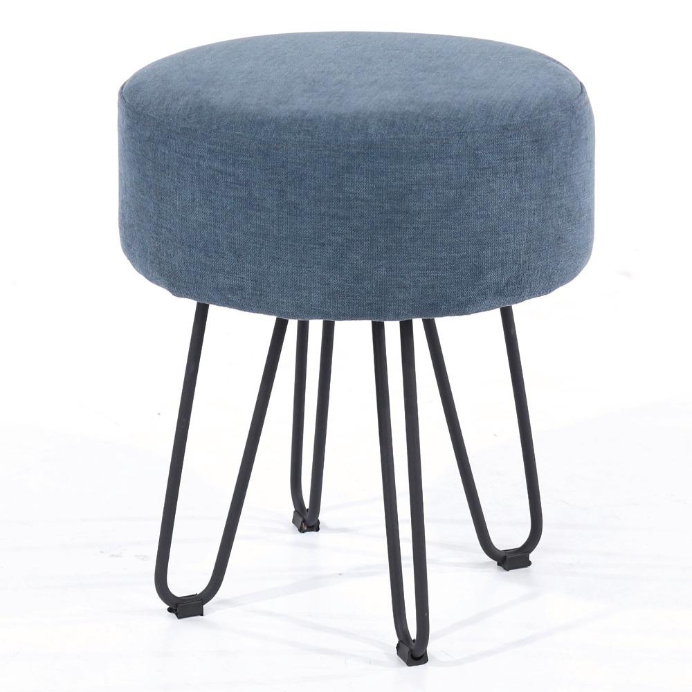 Blue Fabric Upholstered Round Stool with Black Metal Legs Insta Living