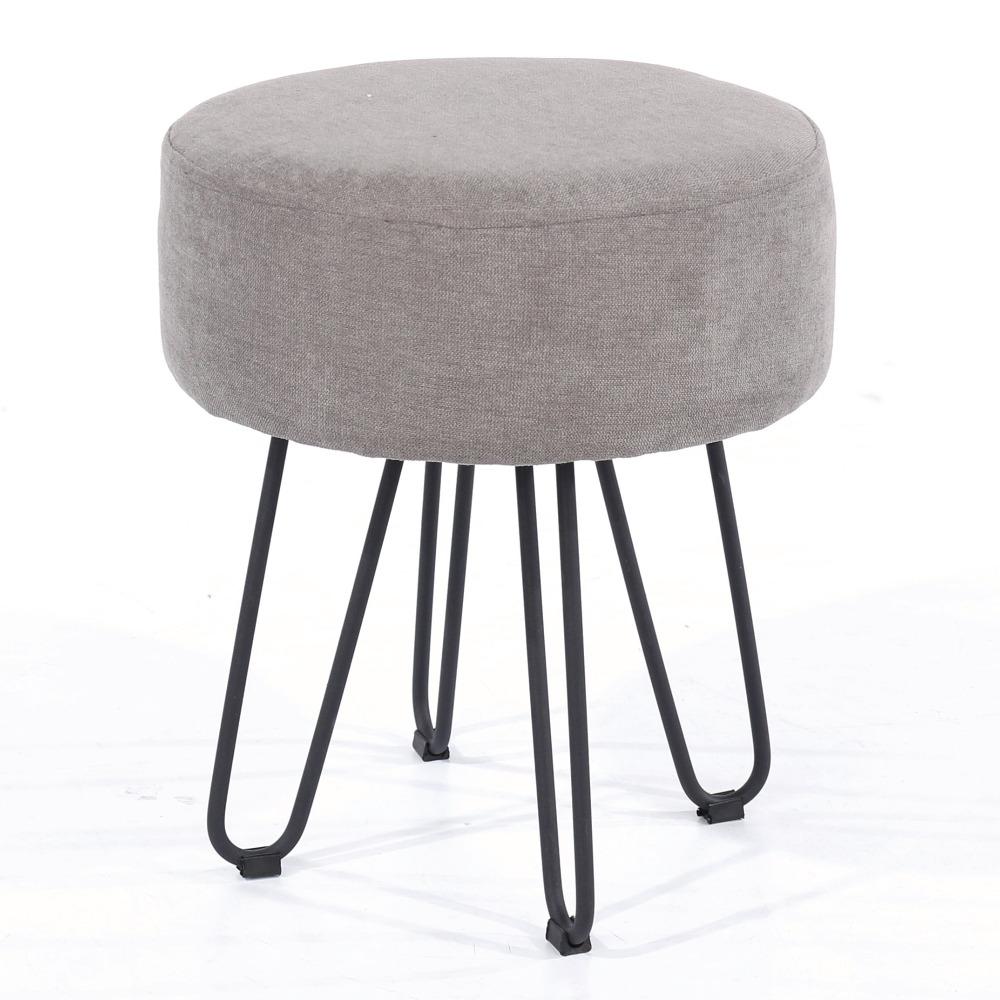 Grey Fabric Upholstered Round Stool with Black Metal Legs Insta Living